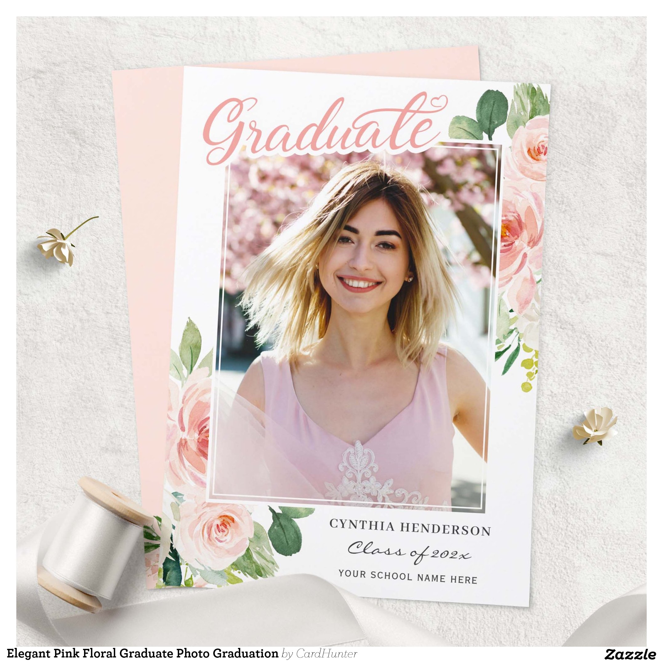 Elegant Pink Floral Graduate Photo Graduation Announcement