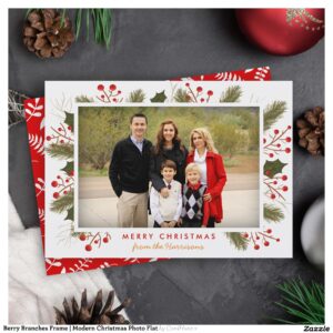 Berry Branches Frame Modern Christmas Photo Flat Holiday Card