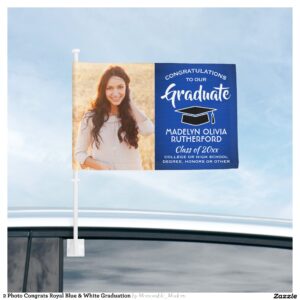 2 Photo Congrats Royal Blue & White Graduation Car Flag