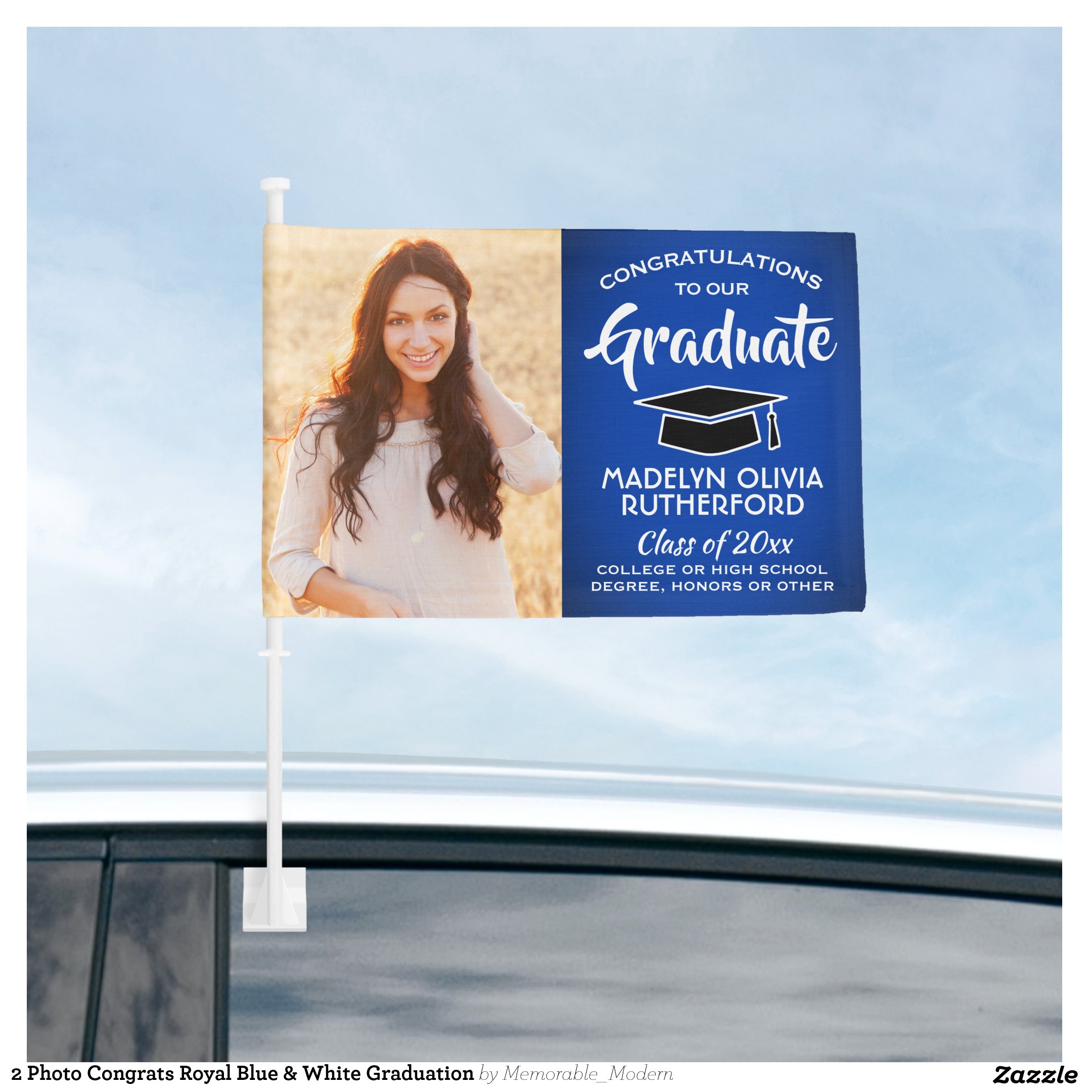 2 Photo Congrats Royal Blue & White Graduation Car Flag