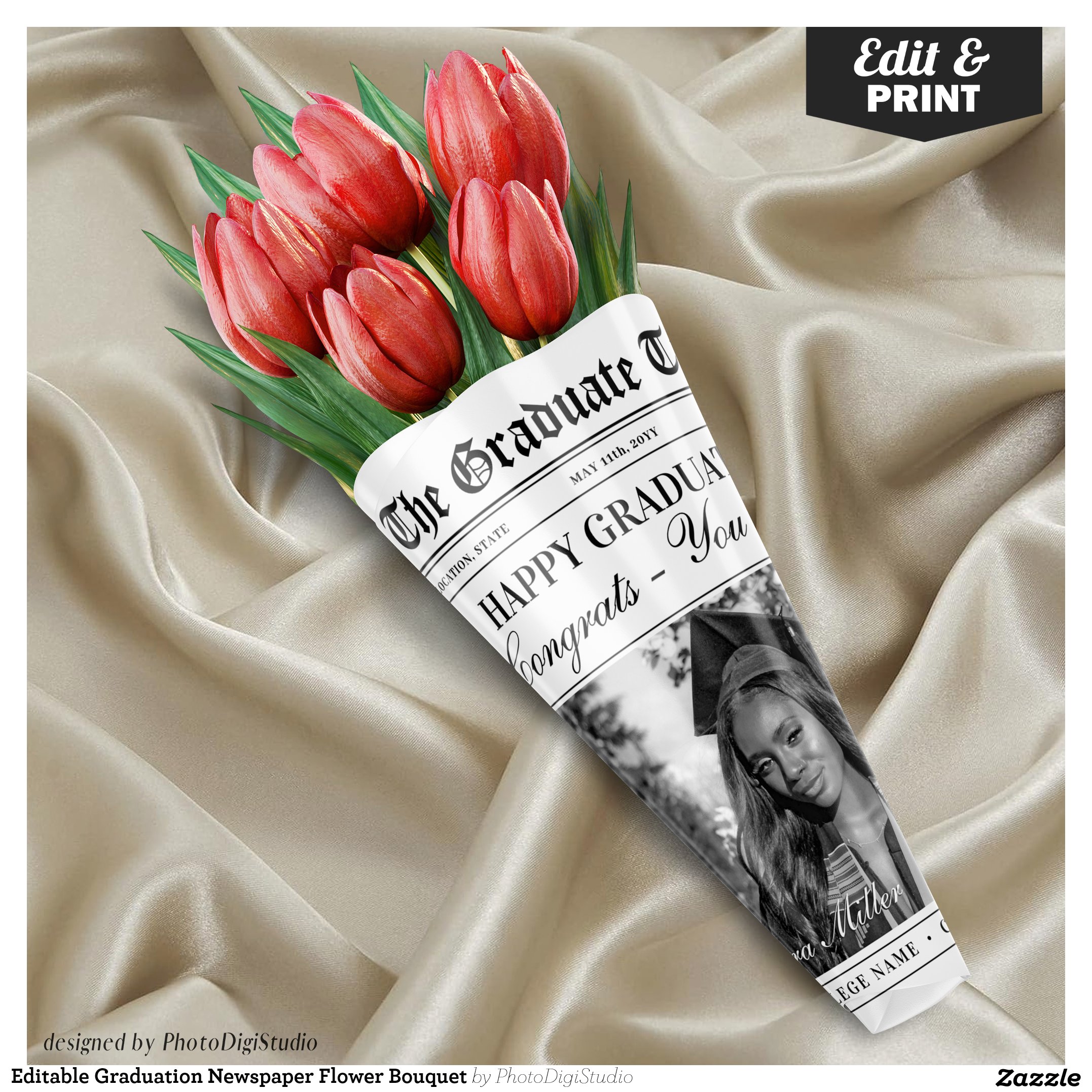 Editable Graduation Newspaper Flower Bouquet Wrapping Paper Sheets