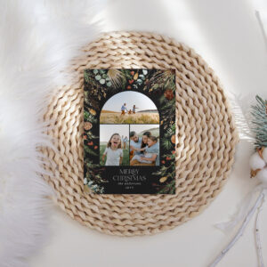 Christmas 3 photo arch watercolor botanical floral holiday card