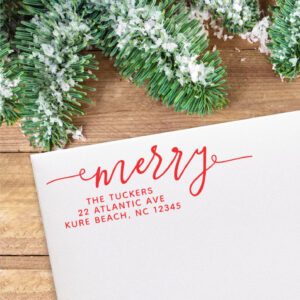 MERRY Script Simple Red Christmas Return Address Self-inking Stamp