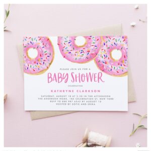Watercolor Pink Sprinkle Donuts Baby Shower Invitation