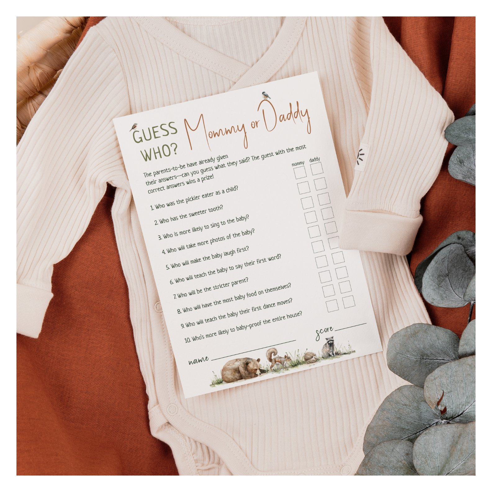 Woodland Animals Guess Who Mommy Or Daddy Card