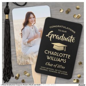 1 Photo Graduation Congrats Modern Black and Gold Hand Fan