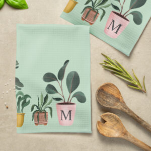 Plant Lover Chic Watercolor Potted Plants Monogram Kitchen Towel