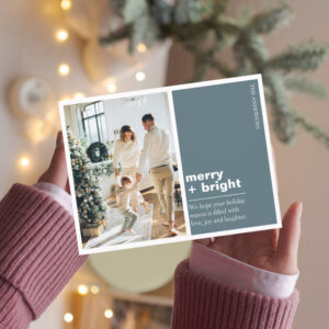 Christmas Photo Family Merry + Bright Blue Postcard