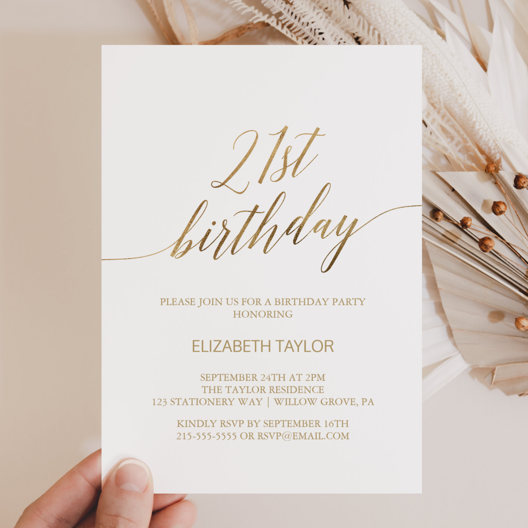 Elegant Gold Calligraphy 21st Birthday Invitation