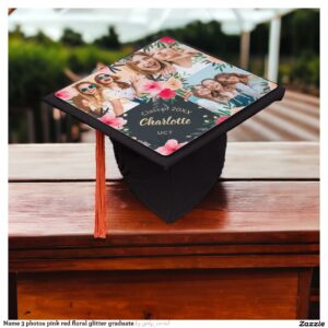 Name 3 photos pink red floral glitter graduate graduation cap topper