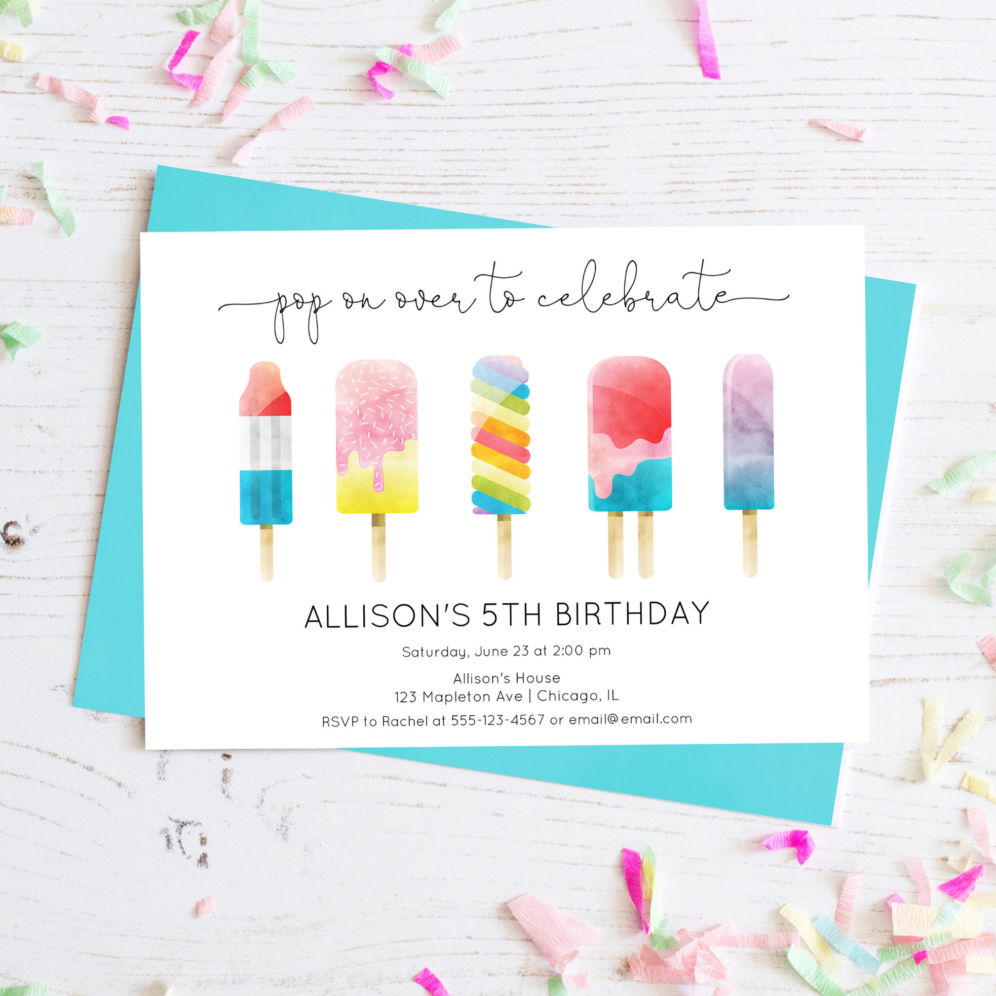 Summer popsicle ice cream birthday party invitation