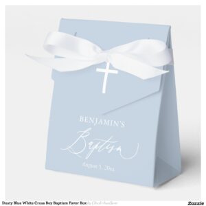Dusty Blue White Cross Boy Baptism Favor Box