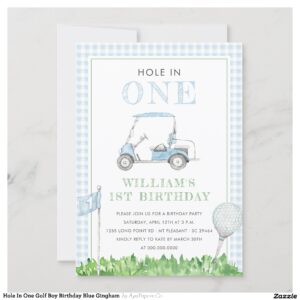 Hole In One Golf Boy Birthday Blue Gingham Invitation