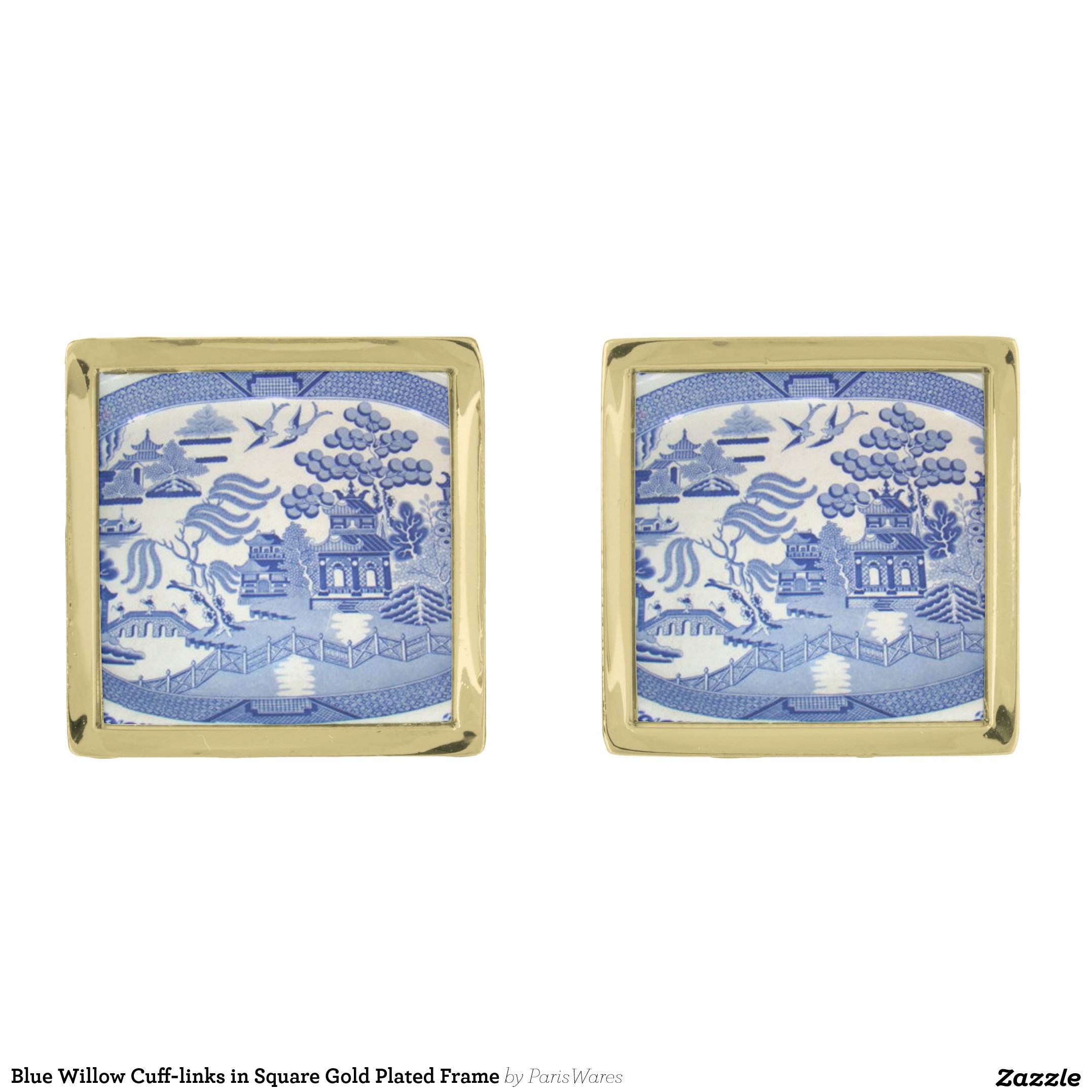 Blue Willow Cuff-links in Square Gold Plated Frame Cufflinks