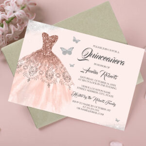 Silver Rose Gold Sparkle Dress Quinceanera Invitation
