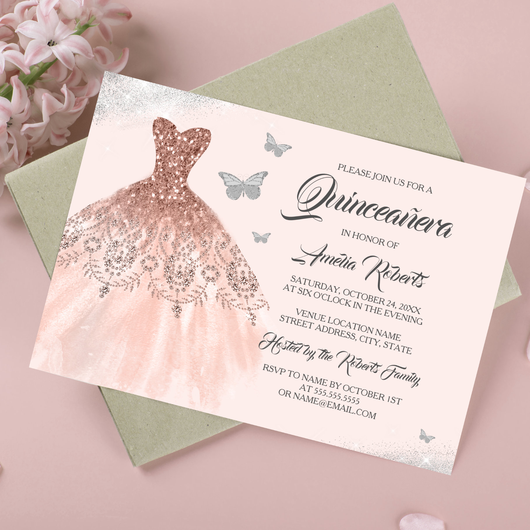Silver Rose Gold Sparkle Dress Quinceanera Invitation
