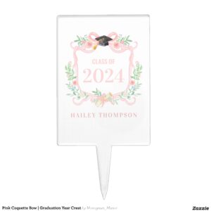Pink Coquette Bow Graduation Year Crest Cake Topper