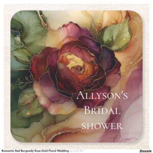 Romantic Red Burgundy Rose Gold Floral Wedding Square Paper Coaster