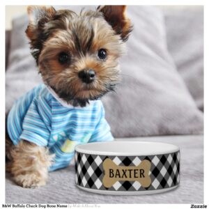 B&W Buffalo Check Dog Bone Name Bowl