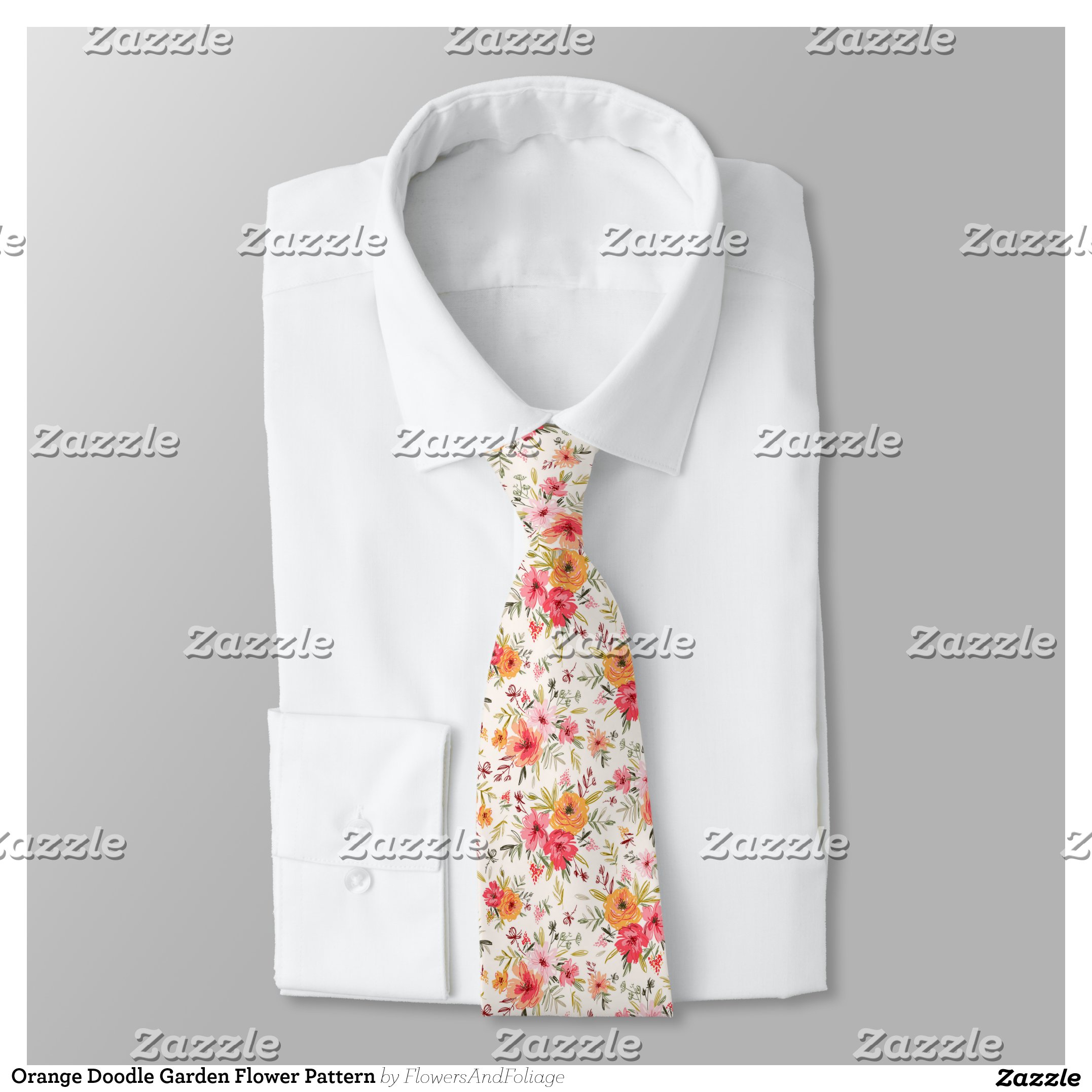 Orange Doodle Garden Flower Pattern Neck Tie