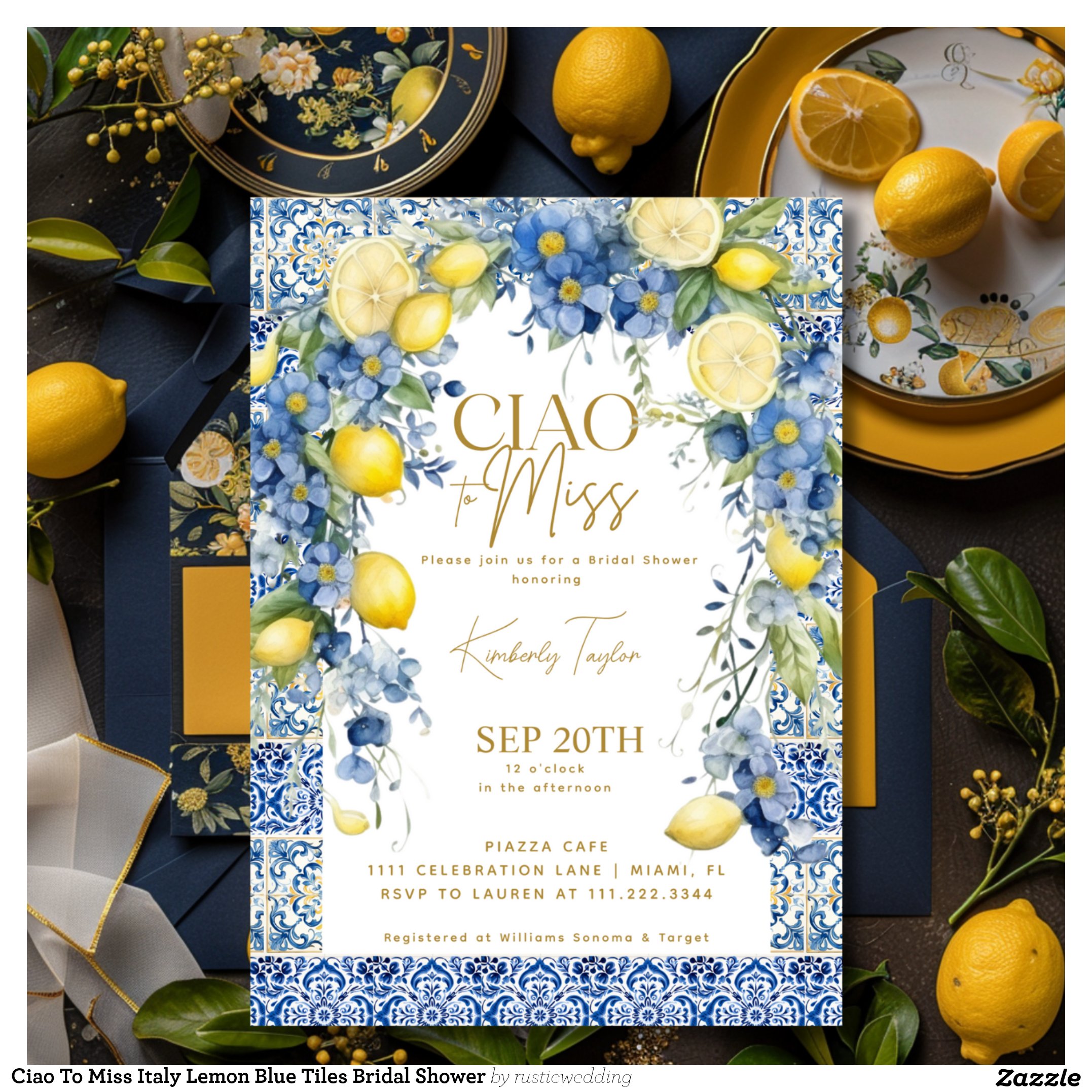 Ciao To Miss Italy Lemon Blue Tiles Bridal Shower Invitation