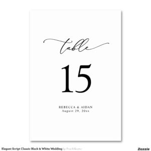 Elegant Script Classic Black & White Wedding Table Number