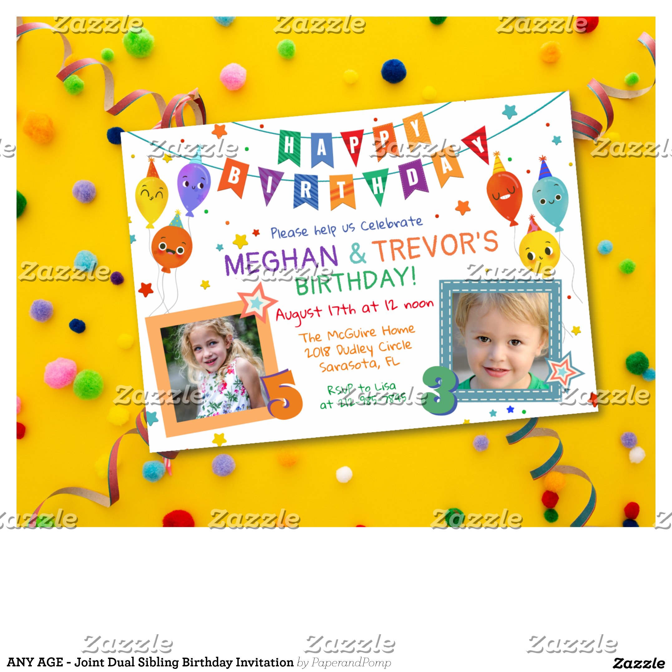 ANY AGE - Joint Dual Sibling Birthday Invitation