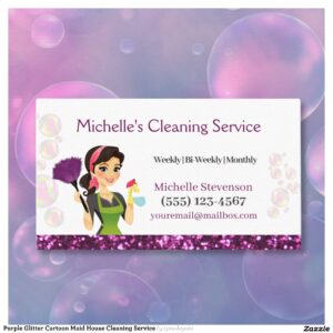 Purple Glitter Cartoon Maid House Cleaning Service Business Card