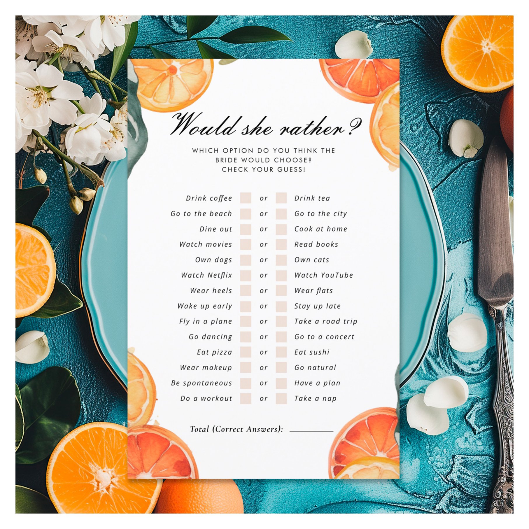 Would She Rather Aperol Spritz Bridal Shower Game