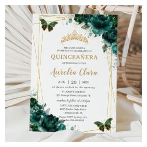 Quincea?era Emerald Green Floral Butterflies Tiara Invitation