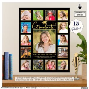 Modern Graduate Black Gold 15 Photo Collage Poster