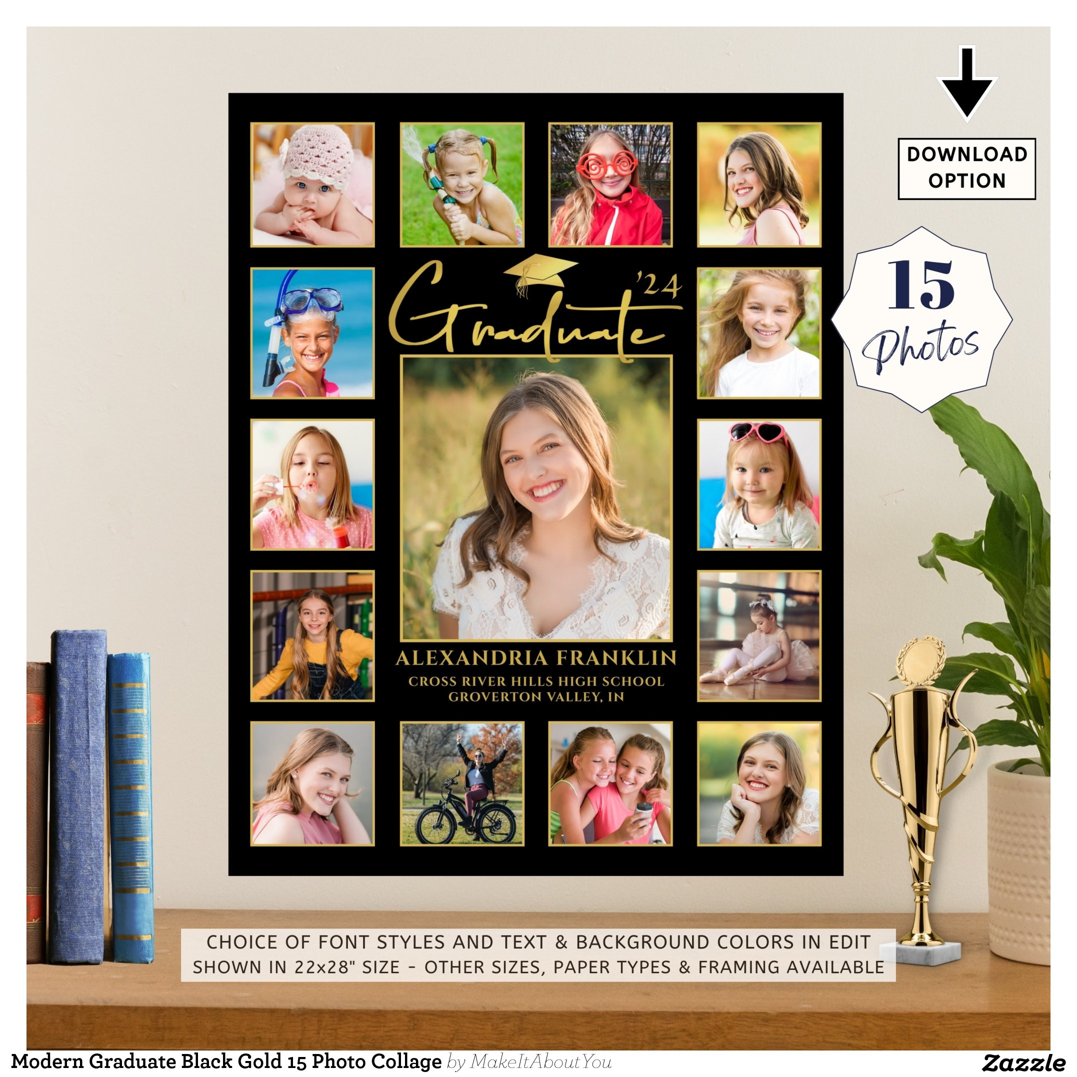 Modern Graduate Black Gold 15 Photo Collage Poster