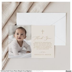 Delicate Gold Cream Photo Simple Cross Baptism Thank You Card