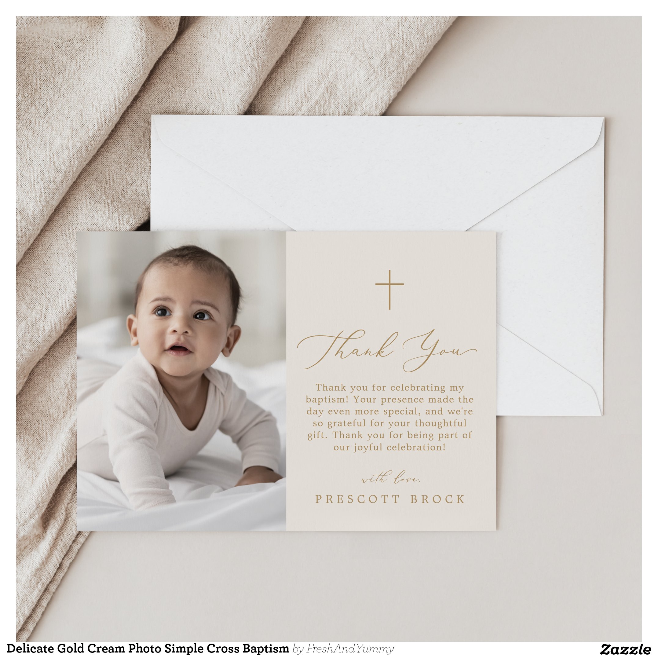Delicate Gold Cream Photo Simple Cross Baptism Thank You Card