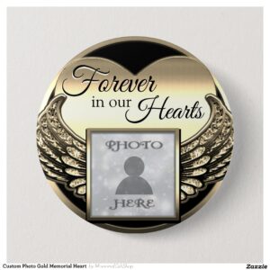 Custom Photo Gold Memorial Heart Button