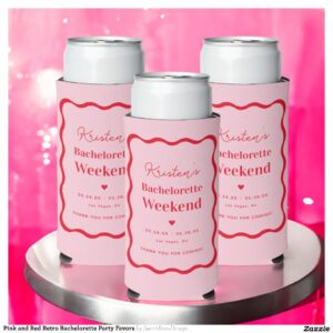 Pink and Red Retro Bachelorette Party Favors Seltzer Can Cooler