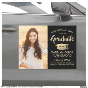 Photo Congrats Black Gold Modern Graduation Parade Car Magnet