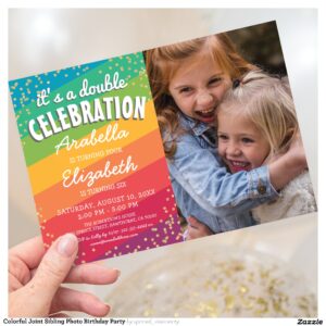 Colorful Joint Sibling Photo Birthday Party Invitation