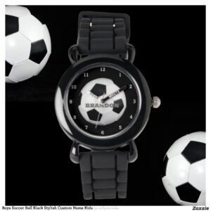 Boys Soccer Ball Black Stylish Custom Name Kids Watch