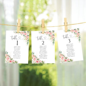 Blush Pink Roses Wedding Table Seating Chart Cards