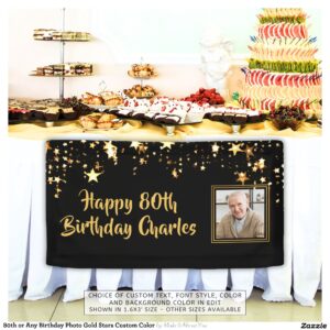 80th or Any Birthday Photo Gold Stars Custom Color Banner