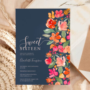 Boho burnt orange earth tone floral chic sweet 16 invitation