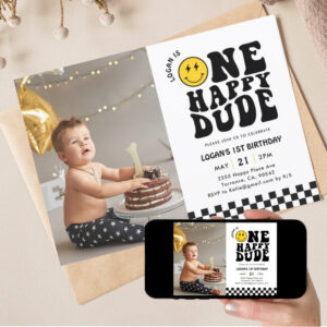 One Happy Dude Smile Face 1st Birthday Photo Invitation