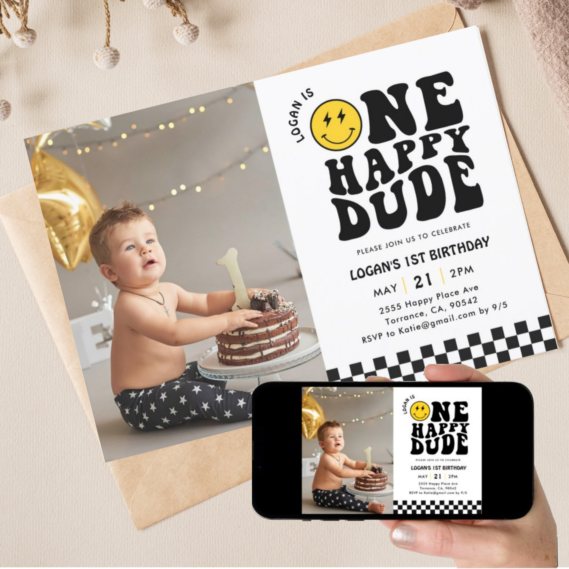 One Happy Dude Smile Face 1st Birthday Photo Invitation