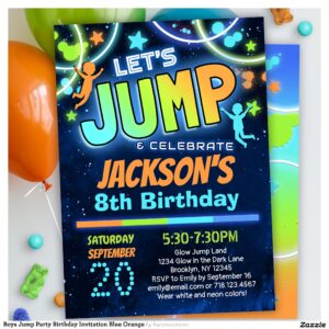Boys Jump Party Birthday Invitation Blue Orange