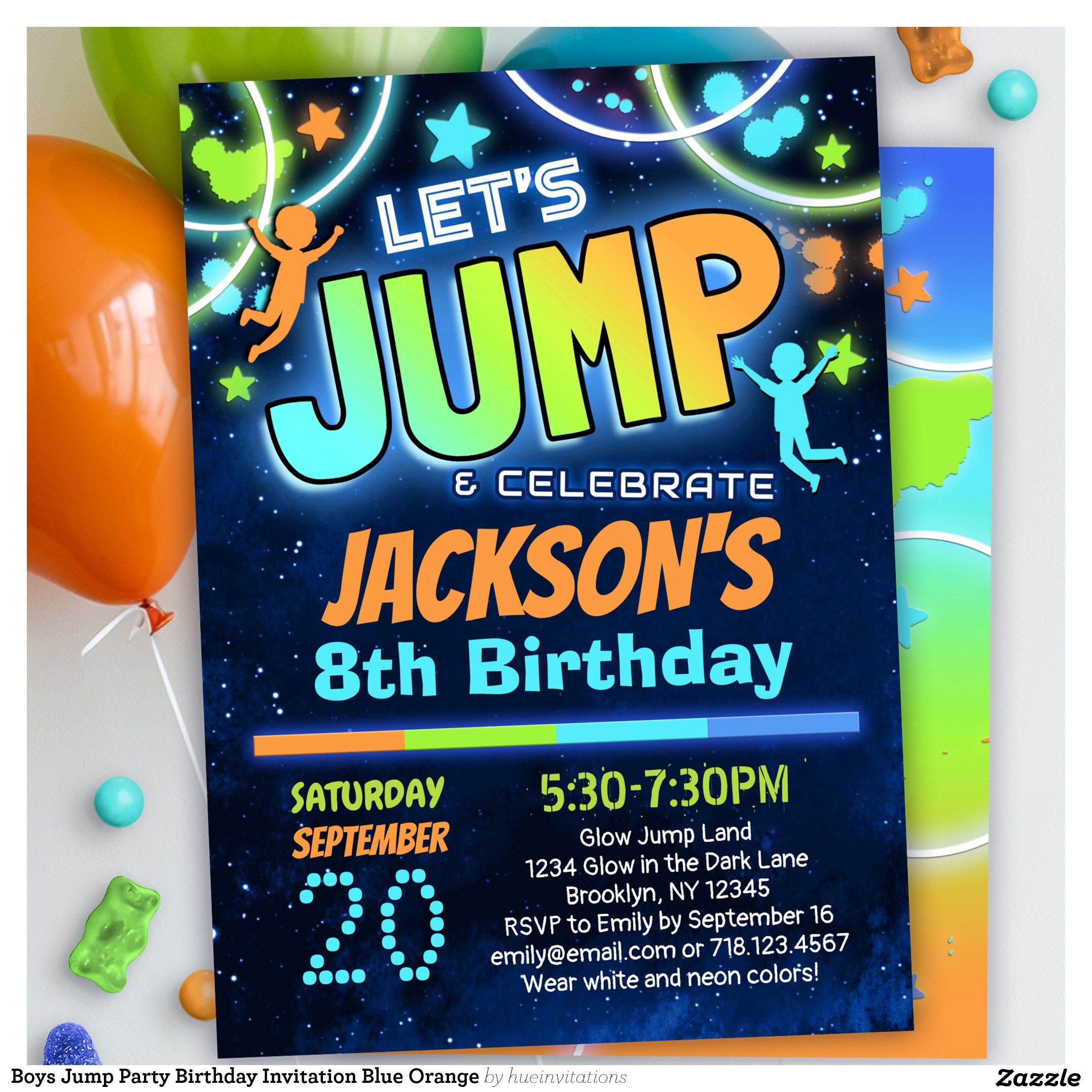 Boys Jump Party Birthday Invitation Blue Orange