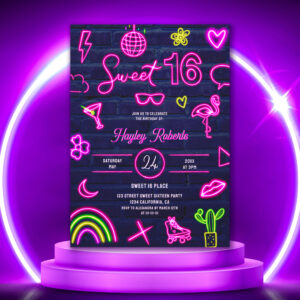 Retro 80s neon laser glow Sweet 16 navy blue brick Invitation