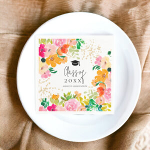Gold glitter floral botanical class of graduation napkins
