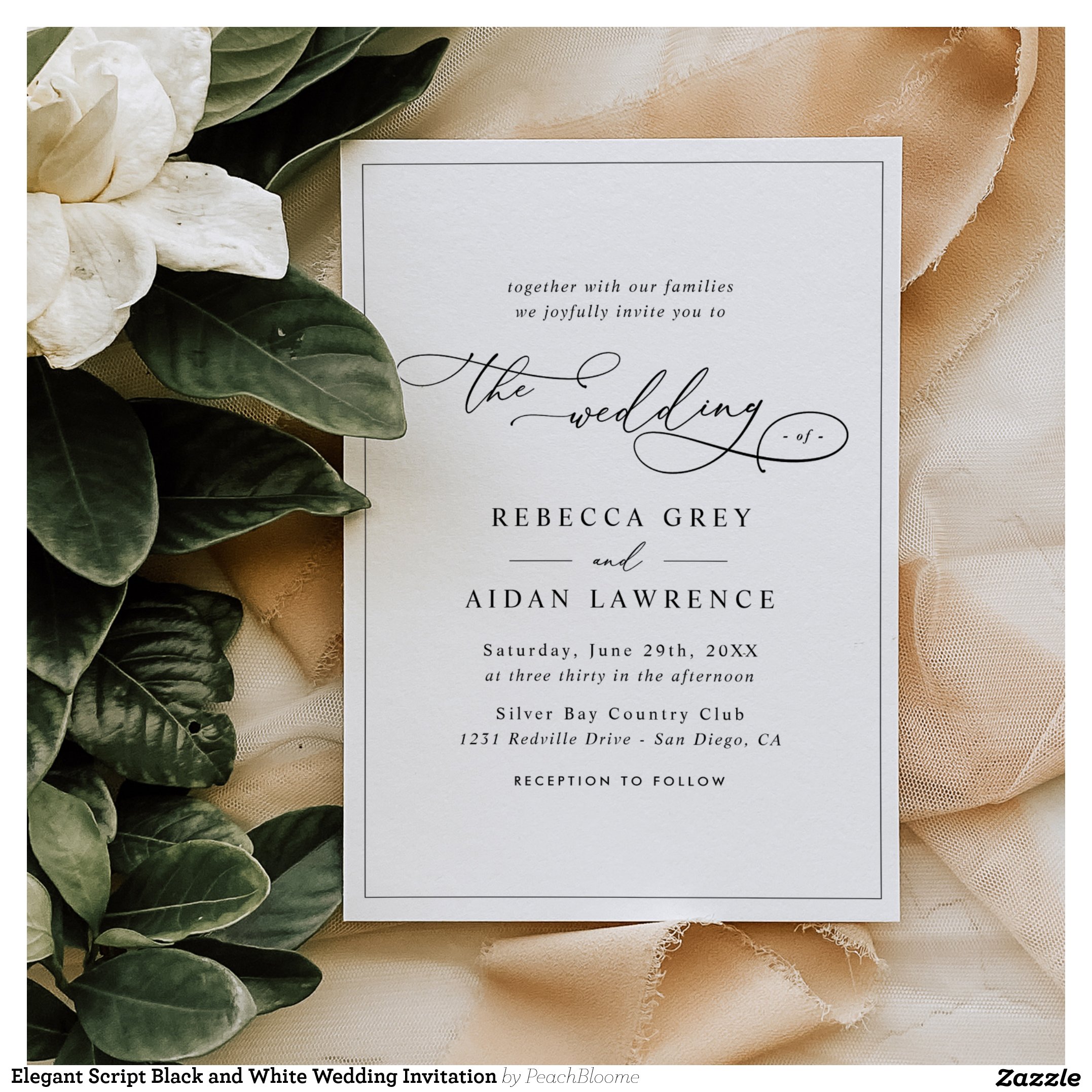 Elegant Script Black and White Wedding Invitation