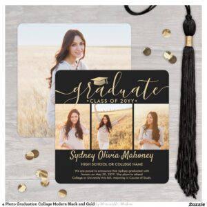 4 Photo Graduation Collage Modern Black and Gold Announcement